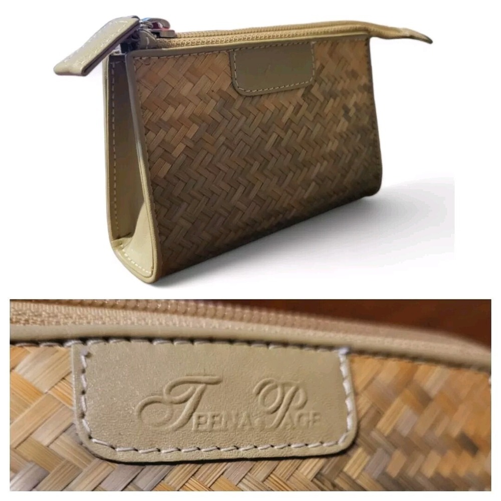 Teena‎ Page Natural Fiber and Leather Ombré Woven Straw Coin Zip Pouch Wallet